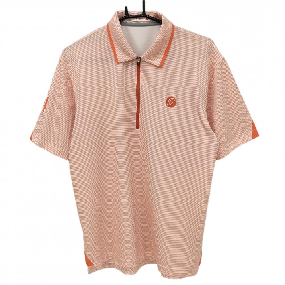 【超美品】パラディーゾ 半袖ポロシャツ オレンジ×白 細ボーダー ハーフジップ メンズ L ゴルフウェア Paradiso
