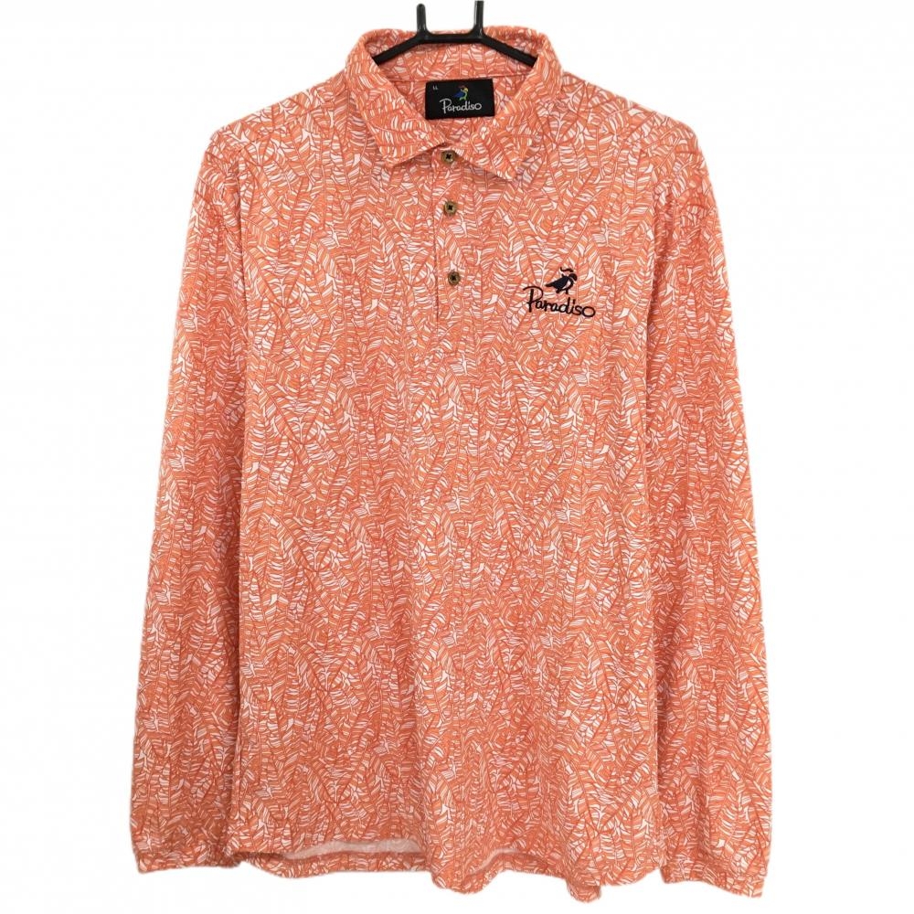 【超美品】パラディーゾ 長袖ポロシャツ オレンジ×白 リーフ総柄 ロゴ刺しゅう  メンズ LL ゴルフウェア Paradiso