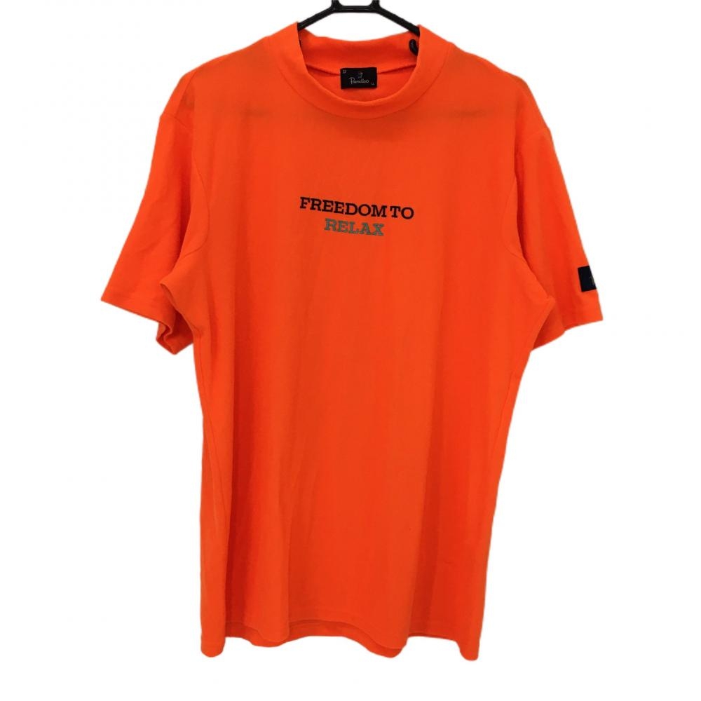 【美品】パラディーゾ 半袖ハイネックシャツ オレンジ パイル地風 胸元刺しゅう メンズ LL ゴルフウェア Paradiso