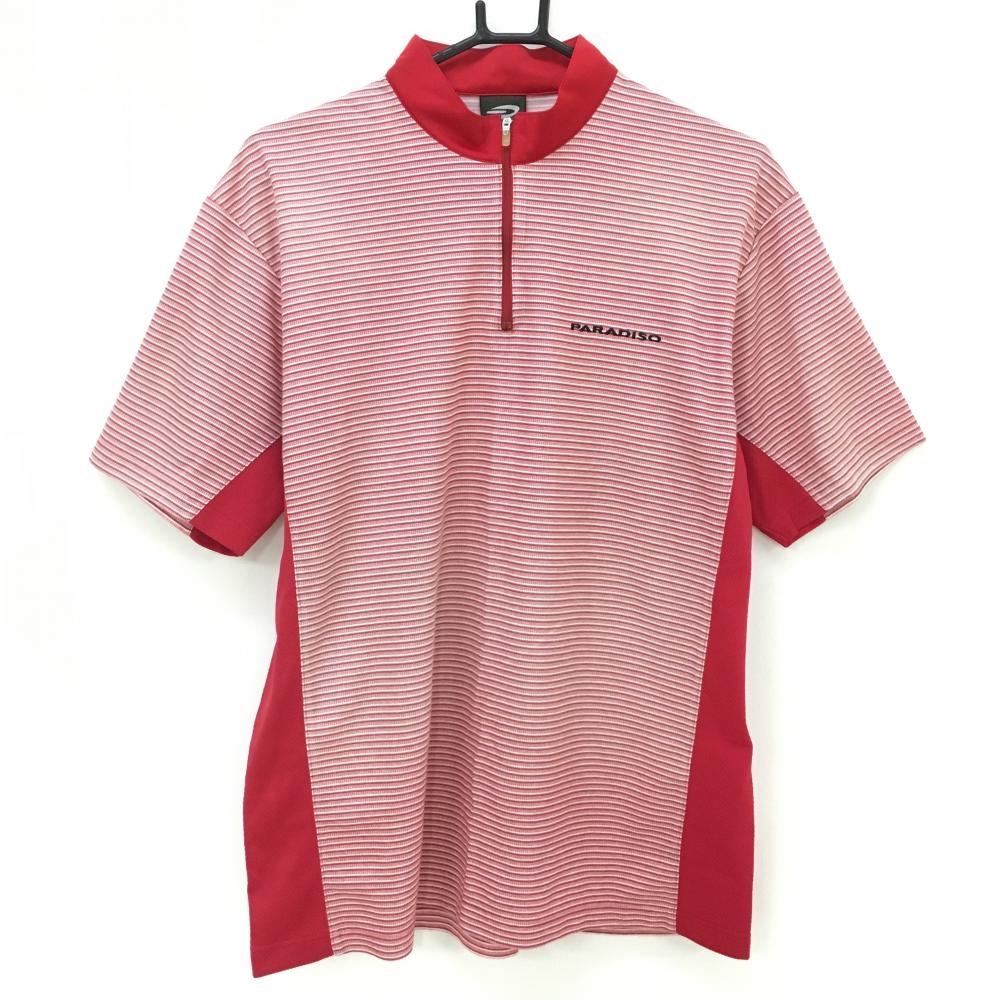 【超美品】パラディーゾ 半袖ハイネックシャツ レッド×白 ボーダー ハーフジップ サイド切替 メンズ L ゴルフウェア Paradiso