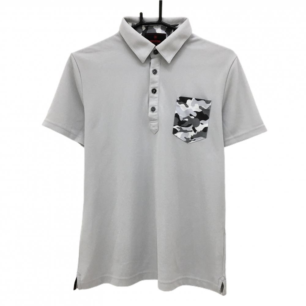 【超美品】ブリーフィング 半袖ポロシャツ ライトグレー ポケットカモフラ柄 迷彩 メンズ M ゴルフウェア BRIEFING