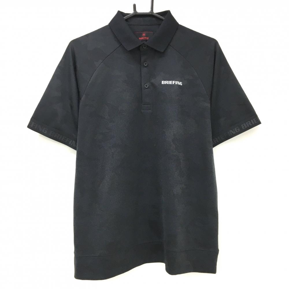 【超美品】ブリーフィング 半袖ポロシャツ 黒 カモフラ柄地模様 迷彩 袖口ロゴ メンズ M ゴルフウェア BRIEFING