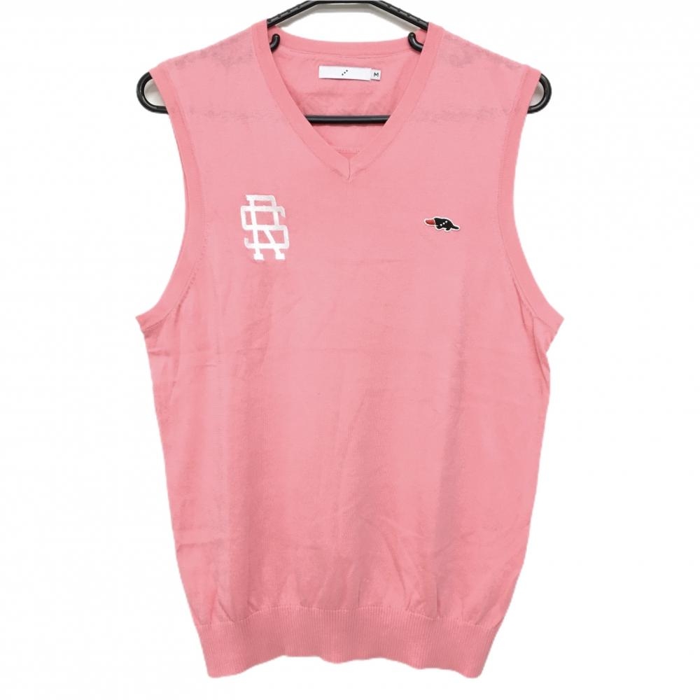 【美品】ラフアンドスウェル ニットベスト ピンク 薄手 綿100％ Vネック  メンズ M ゴルフウェア rough＆swell