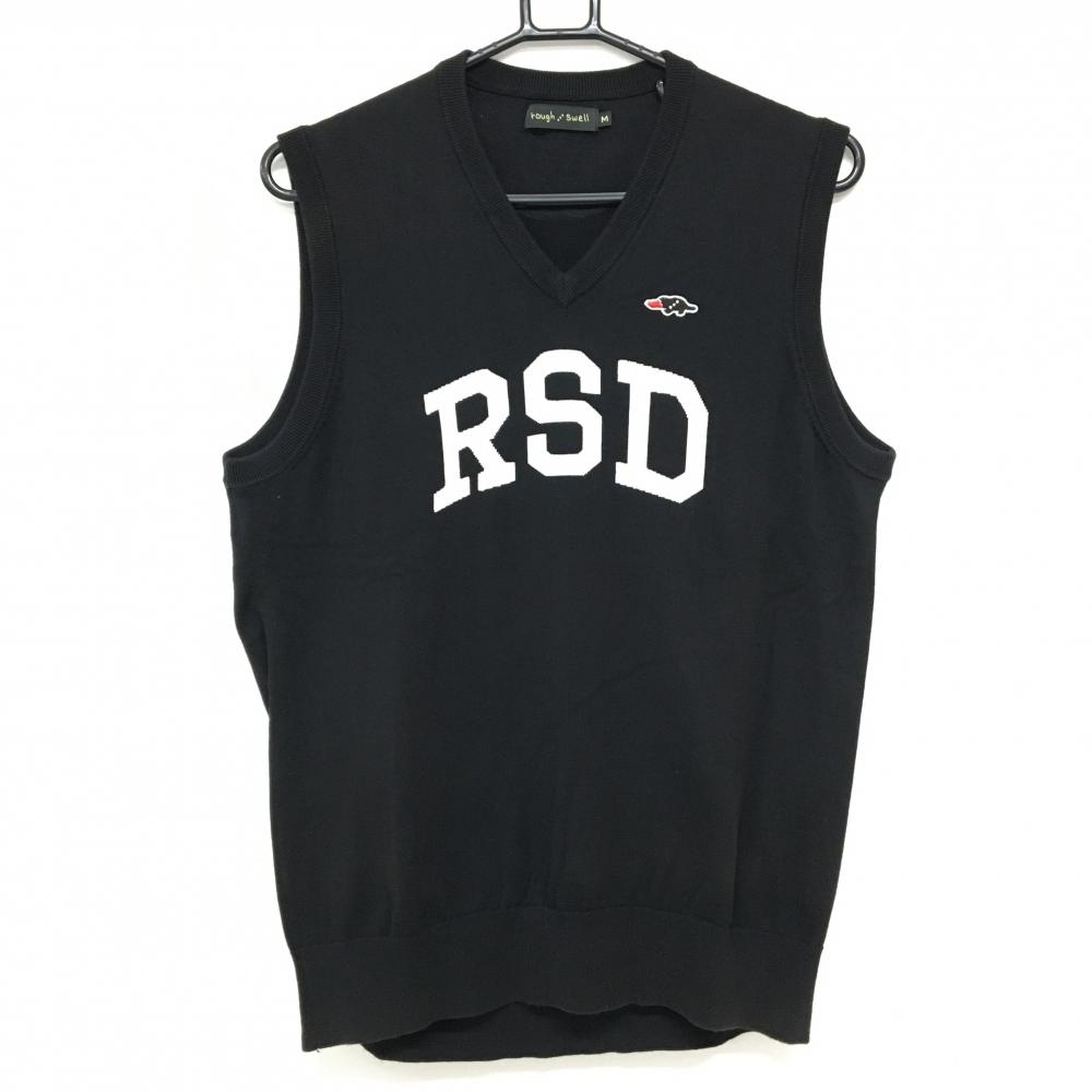 ラフアンドスウェル ニットベスト 黒×白 Vネック コットン100％ ロゴ メンズ M ゴルフウェア rough＆swell