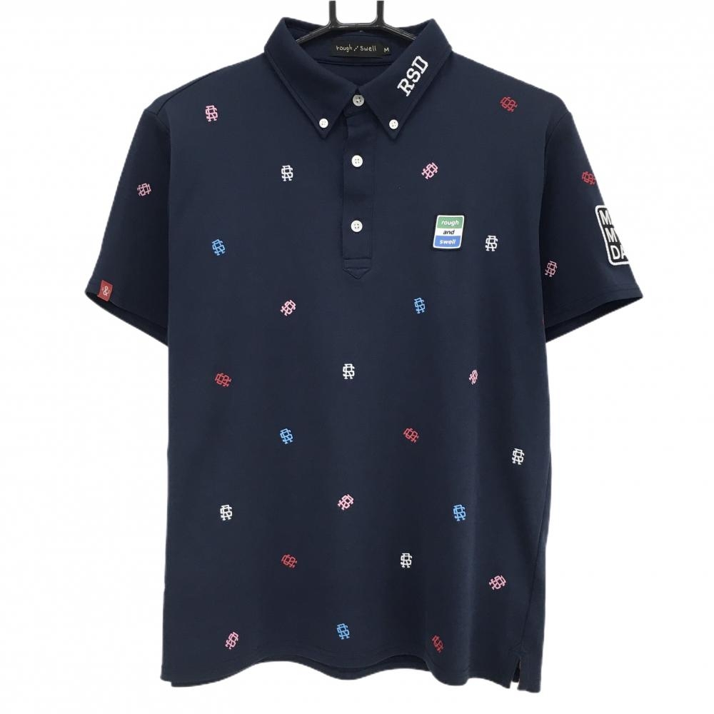 【美品】ラフアンドスウェル 半袖ポロシャツ ネイビー×マルチカラー ロゴ刺しゅう柄 ボタンダウン メンズ M ゴルフウェア rough＆swell
