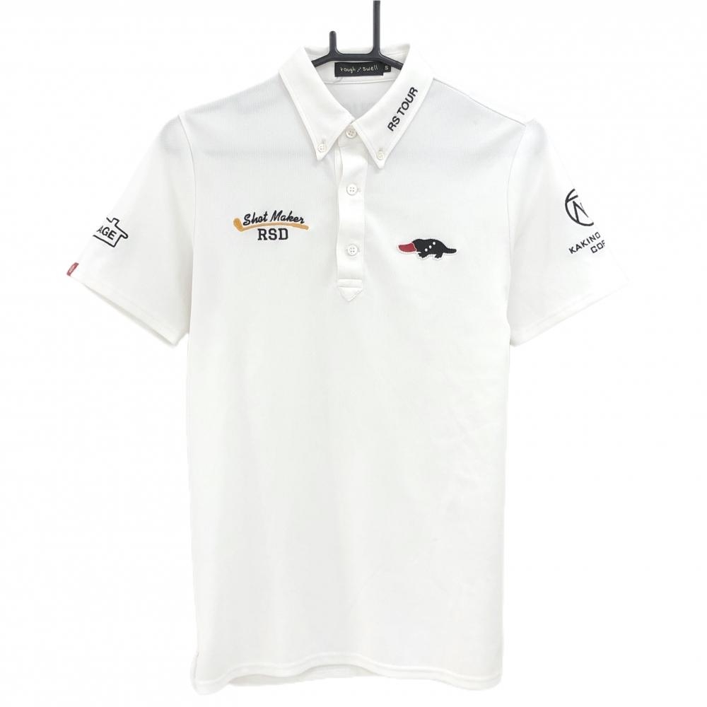ラフアンドスウェル 半袖ポロシャツ 白×黒 柿の木坂コーヒー ボタンダウン メンズ S ゴルフウェア rough＆swell