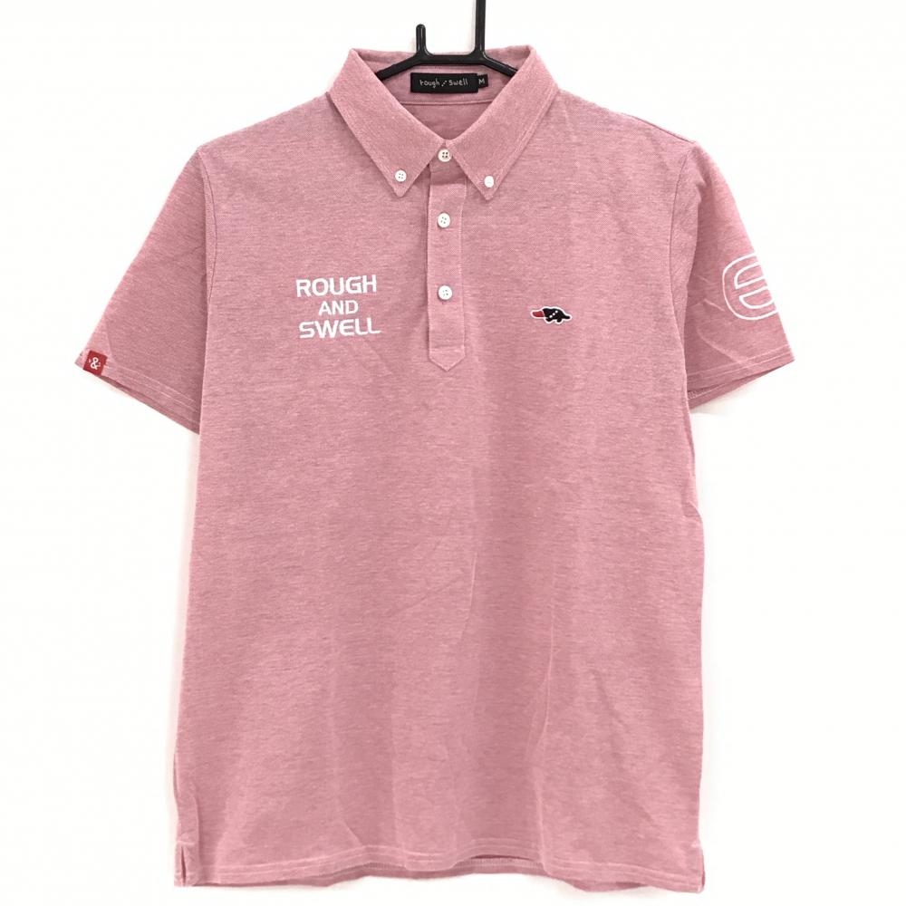 【美品】ラフアンドスウェル 半袖ポロシャツ レッド系 ロゴ刺しゅう ボタンダウン メンズ M ゴルフウェア rough＆swell