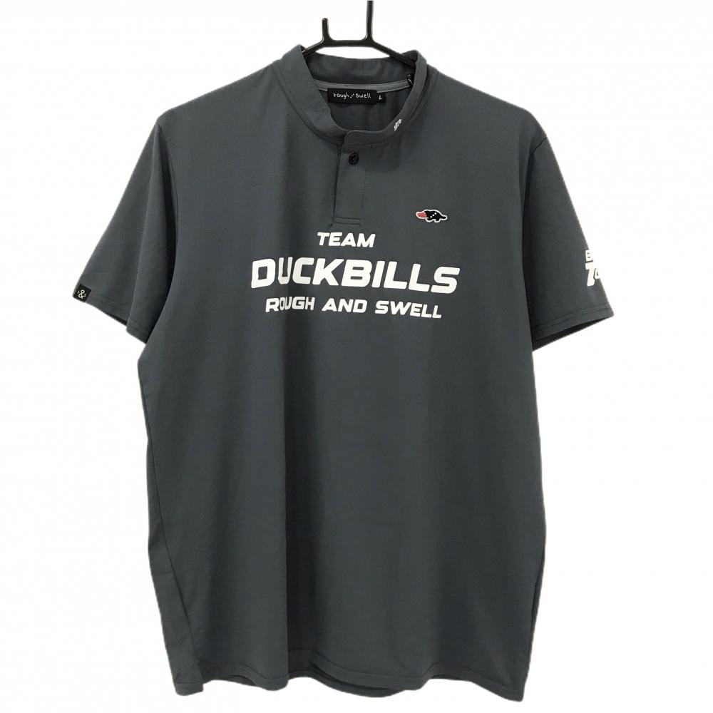 【美品】ラフアンドスウェル 半袖ポロシャツ グレー×白 スタンドカラー フロントロゴ  メンズ L ゴルフウェア rough＆swell