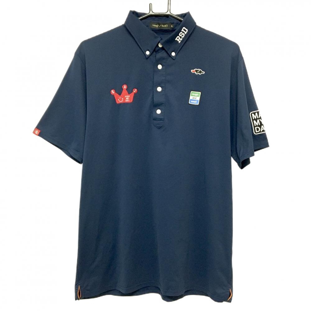 【超美品】ラフアンドスウェル 半袖ポロシャツ ネイビー シリコンワッペン ボタンダウン  メンズ L ゴルフウェア rough＆swell