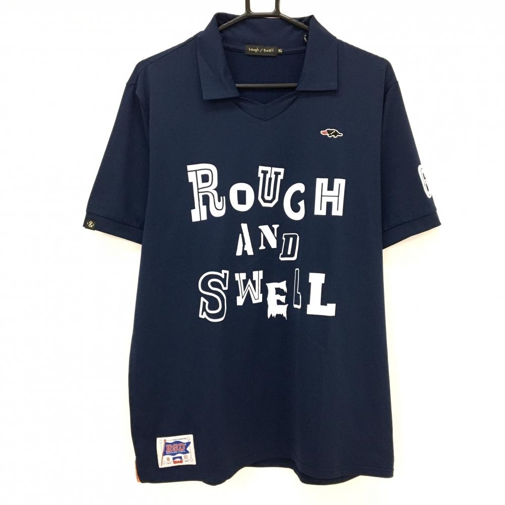 【超美品】ラフアンドスウェル 襟付き半袖シャツ ネイビー×白 ロゴプリント メンズ XL ゴルフウェア rough＆swell