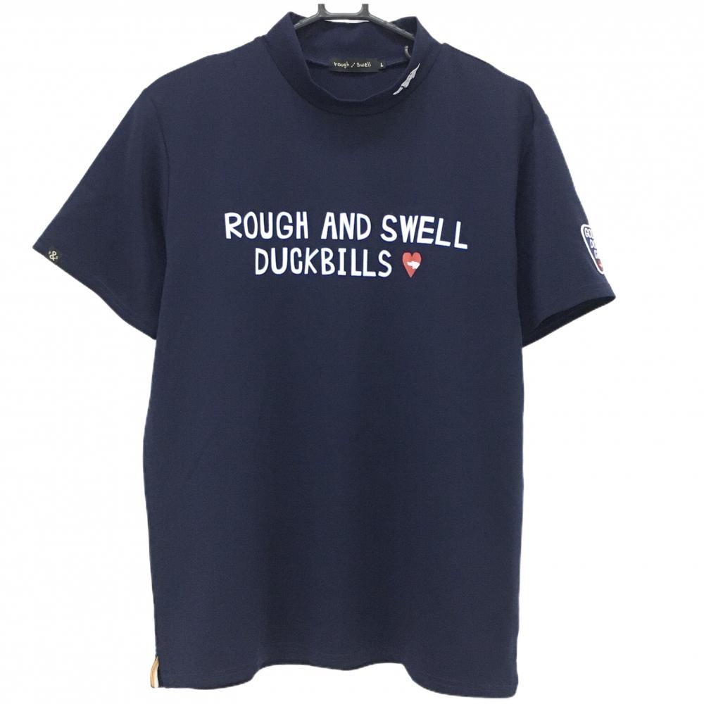 【超美品】ラフアンドスウェル 半袖ハイネックシャツ ネイビー×白 フロントロゴ  メンズ L ゴルフウェア 2024年モデル rough＆swell