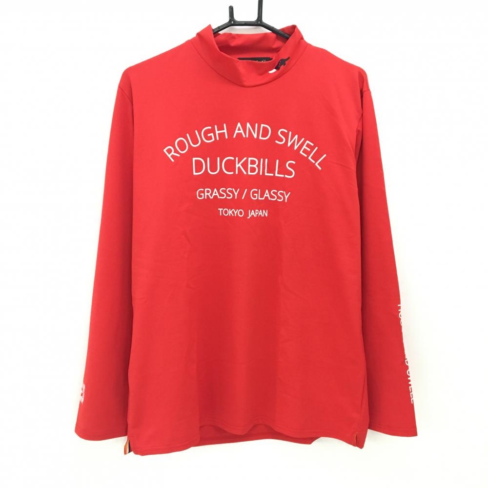 【超美品】ラフアンドスウェル 長袖ハイネックシャツ レッド メッシュ調 ロゴ白 メンズ L ゴルフウェア rough＆swell