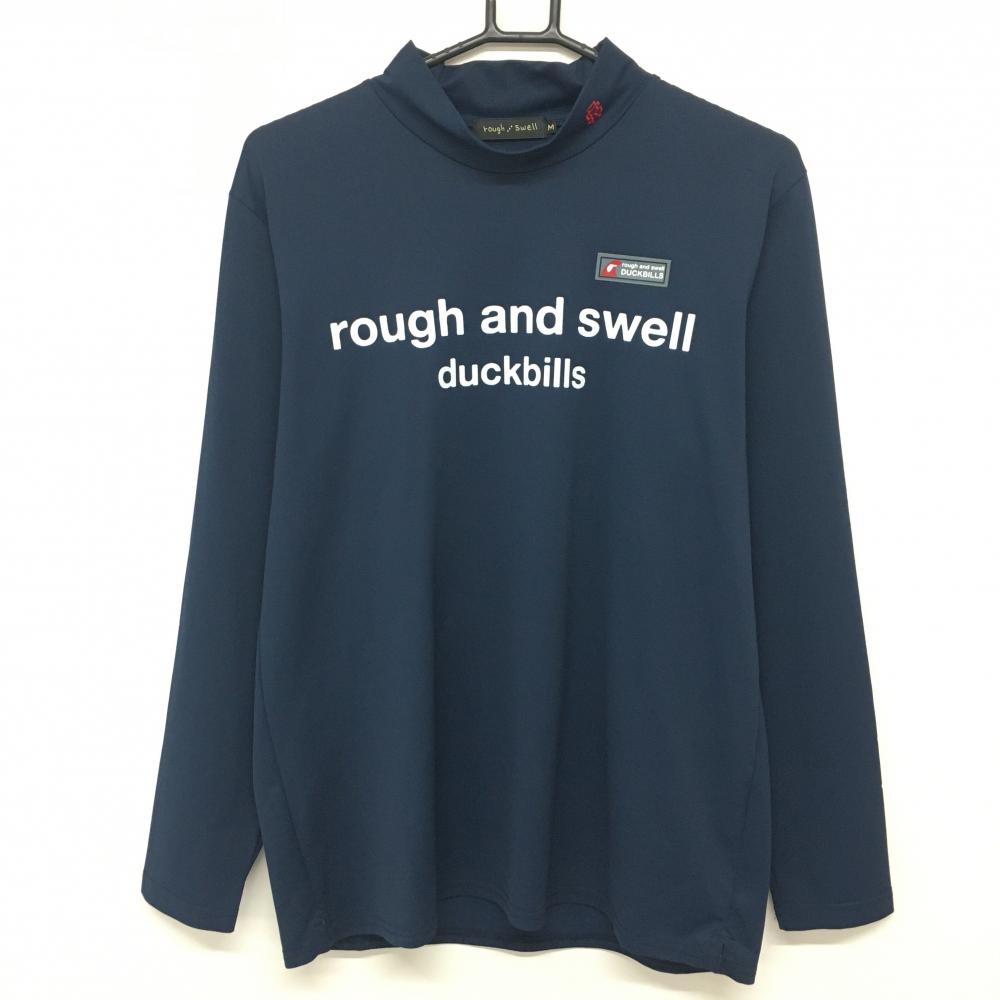 【美品】ラフアンドスウェル 長袖ハイネックシャツ ネイビー フロントロゴ メンズ M ゴルフウェア rough＆swell