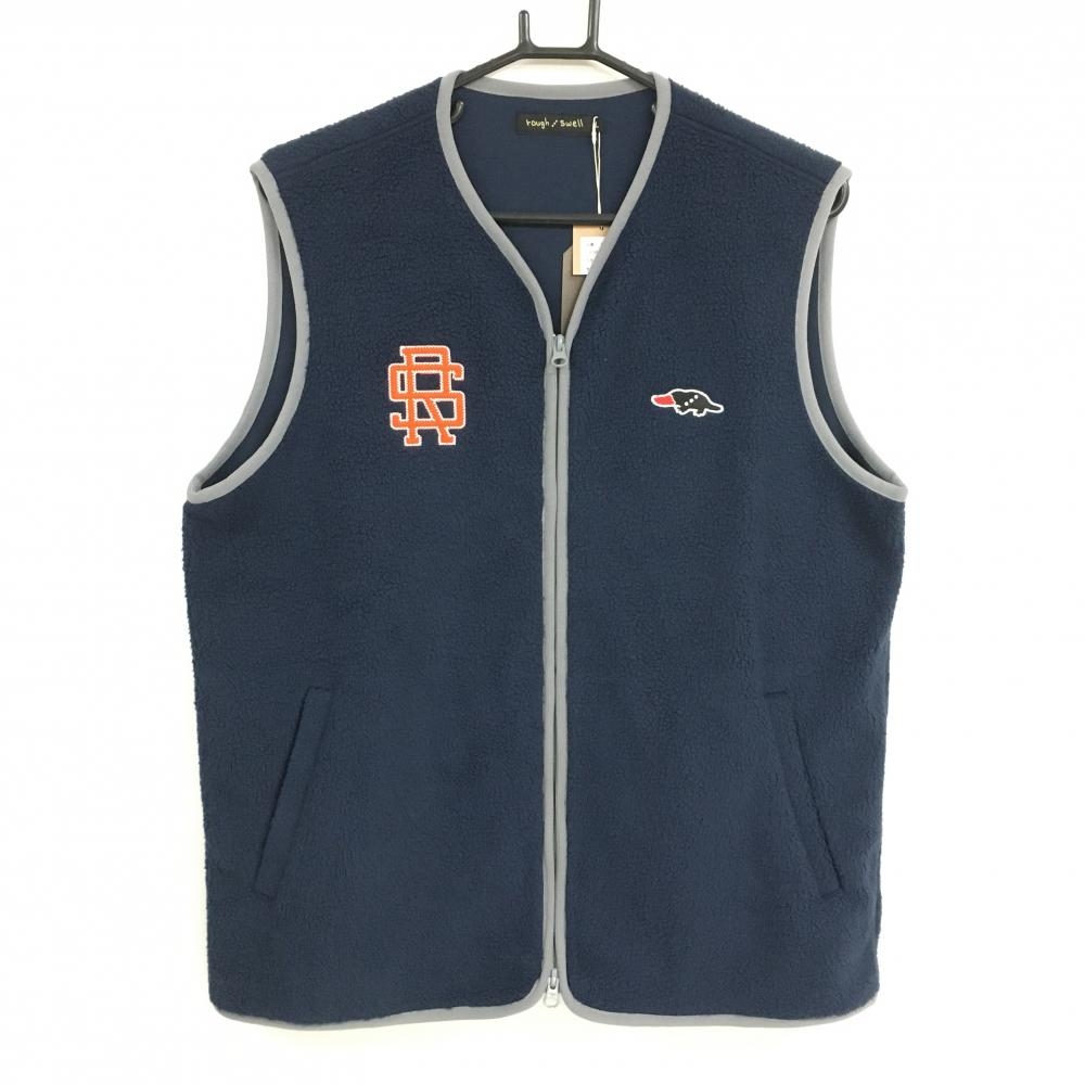 【新品】ラフアンドスウェル ボアベスト ネイビー×グレー 胸ロゴ ダブルジップ メンズ L ゴルフウェア 2024年モデル rough＆swell