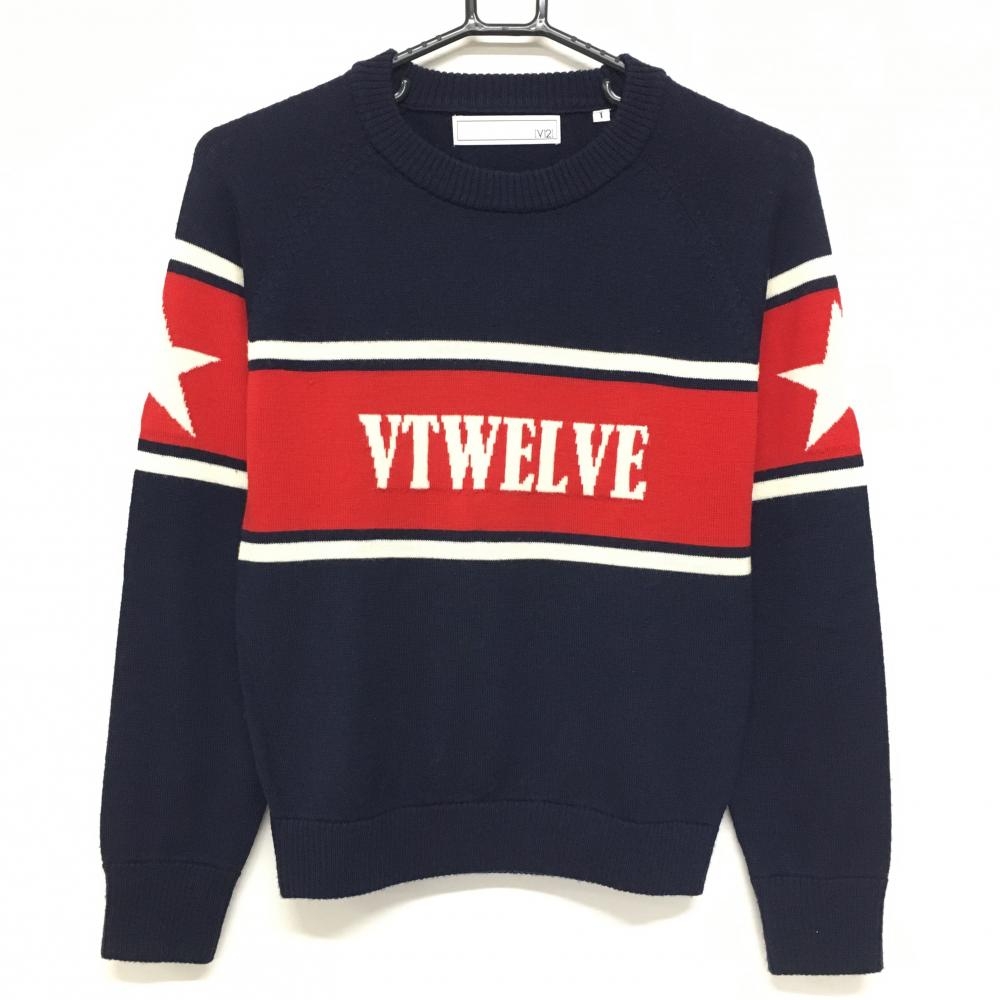 【超美品】V12 セーター ネイビー×レッド 胸元ロゴ ウール100％ ニット レディース 1(M) ゴルフウェア V12