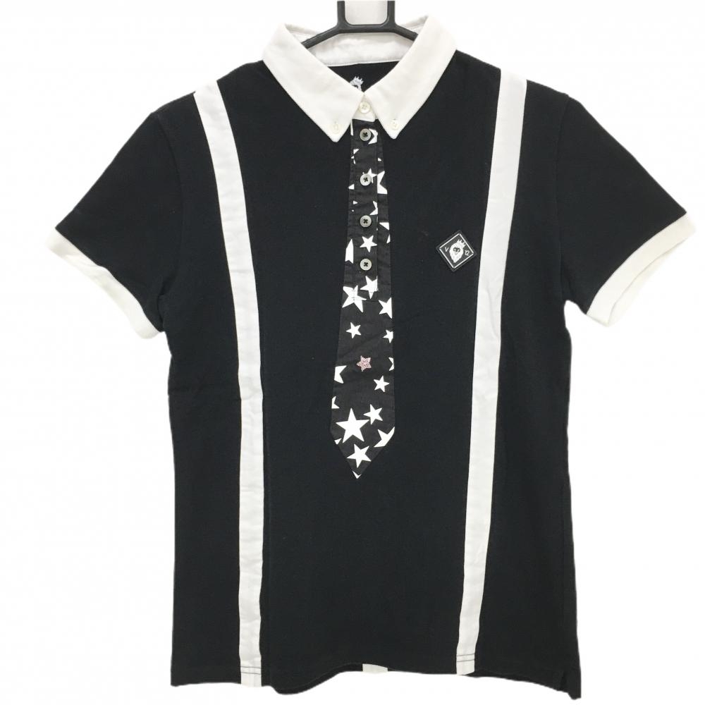 V12 半袖ポロシャツ 黒×白 ネクタイ星柄 ボタンダウン  レディース 2(L) ゴルフウェア V12