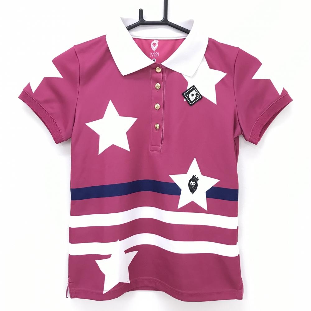 V12 半袖ポロシャツ ピンク×白 裾ライン 星  レディース 0(S) ゴルフウェア V12