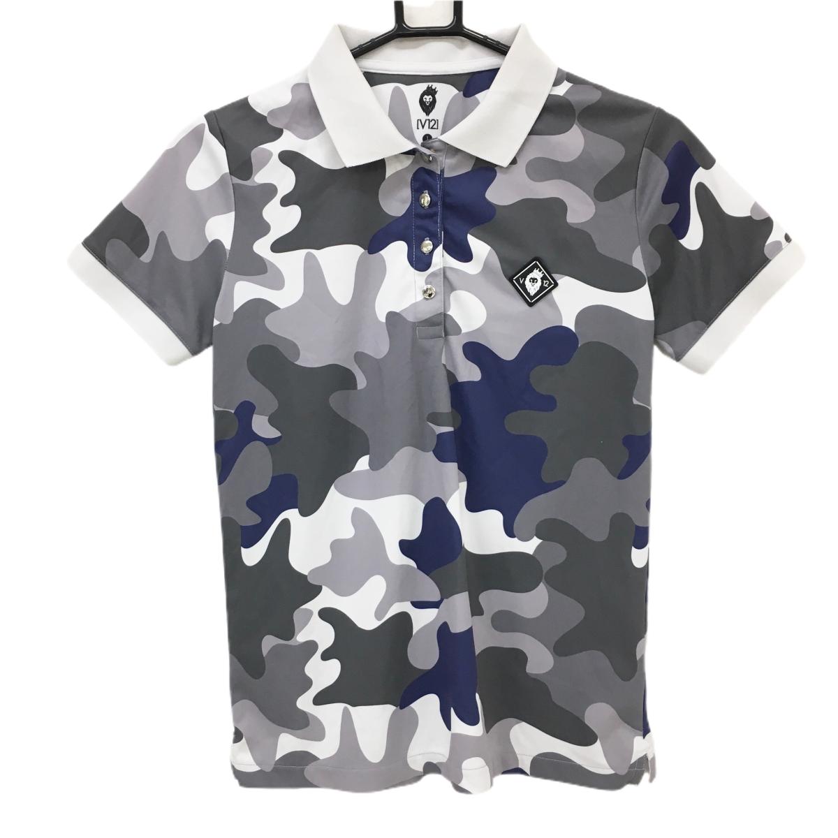 【美品】V12 半袖ポロシャツ 白×グレー カモフラ柄 迷彩 バックプリント レディース 1(M) ゴルフウェア V12