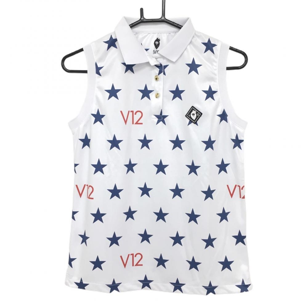 【超美品】ヴィトゥエルヴ ノースリーブポロシャツ 白×ネイビー 星柄 シリコンワッペン レディース 2(L) ゴルフウェア V12