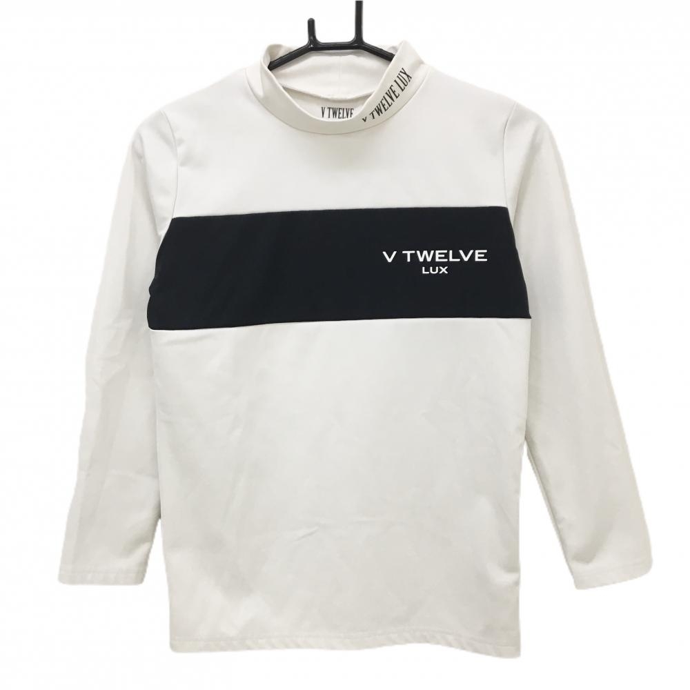 【美品】V12 LUX 長袖ハイネックシャツ 白系×黒 裏微起毛 ロゴプリント レディース 0(S) ゴルフウェア V12