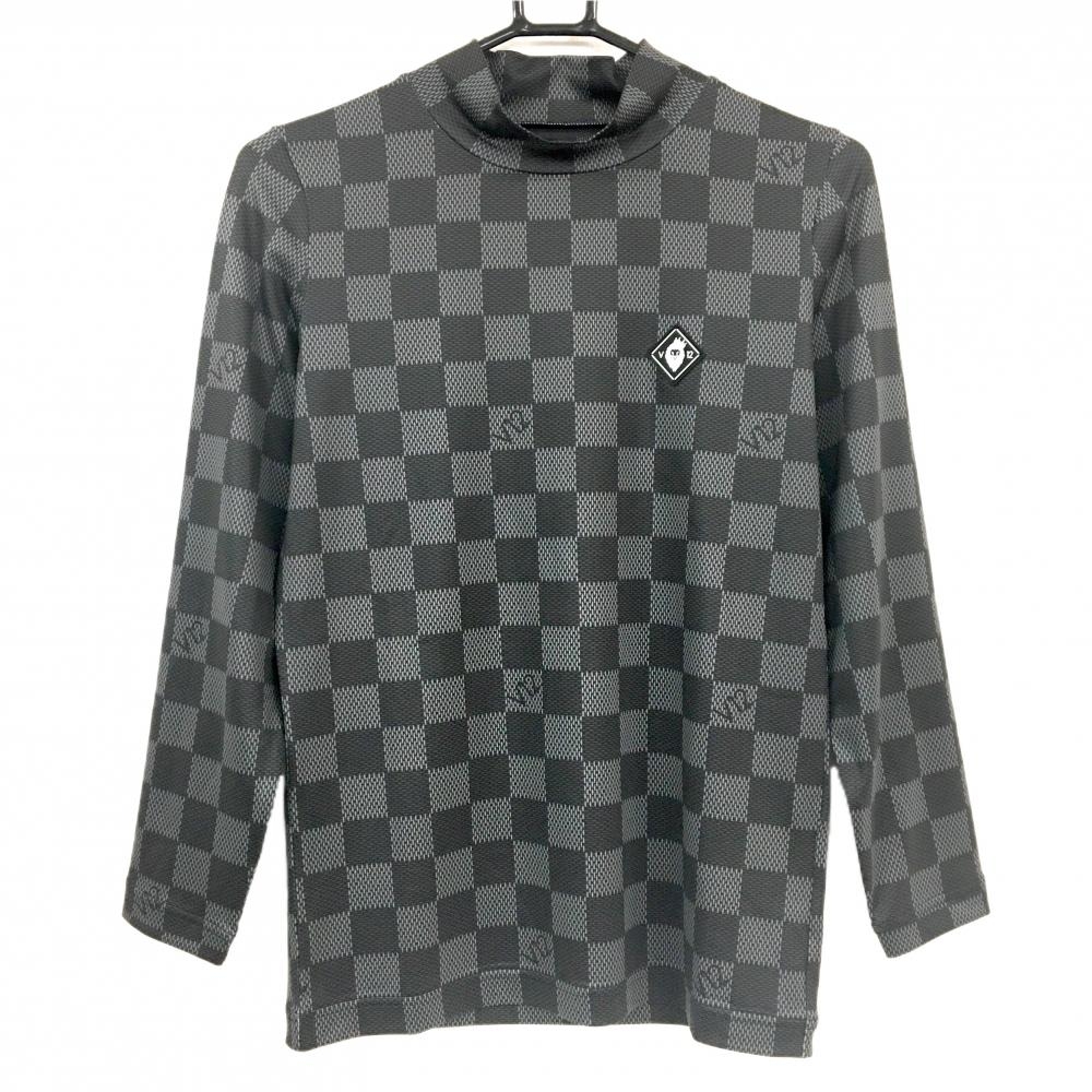 【新品】V12 長袖ハイネックシャツ 黒×グレー ブロックチェック ストレッチ レディース 1(M) ゴルフウェア 2024年モデル V12