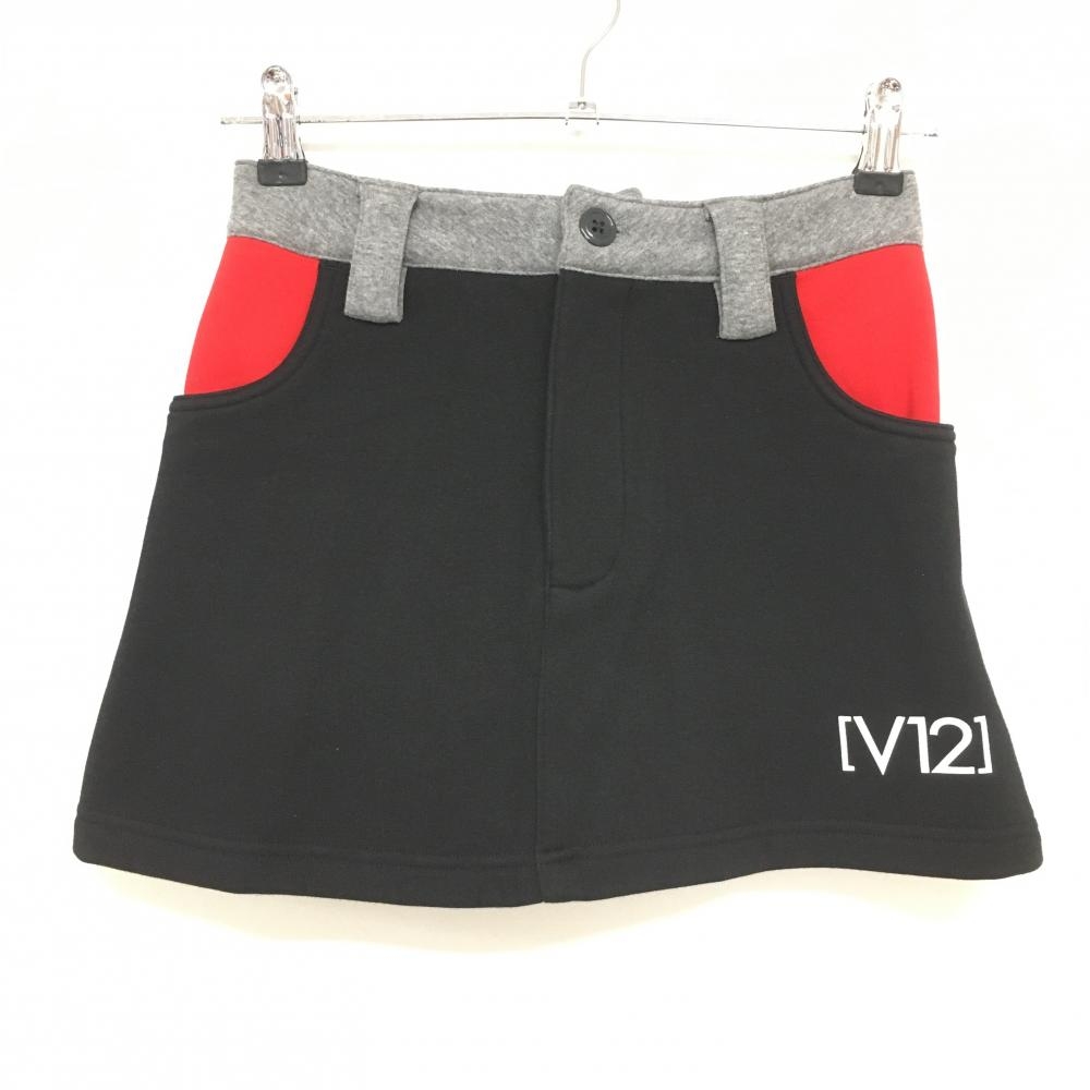 【超美品】V12 スカート 黒×グレー×レッド 裏起毛 ストレッチ ウエストゴム  レディース 1(M) ゴルフウェア V12