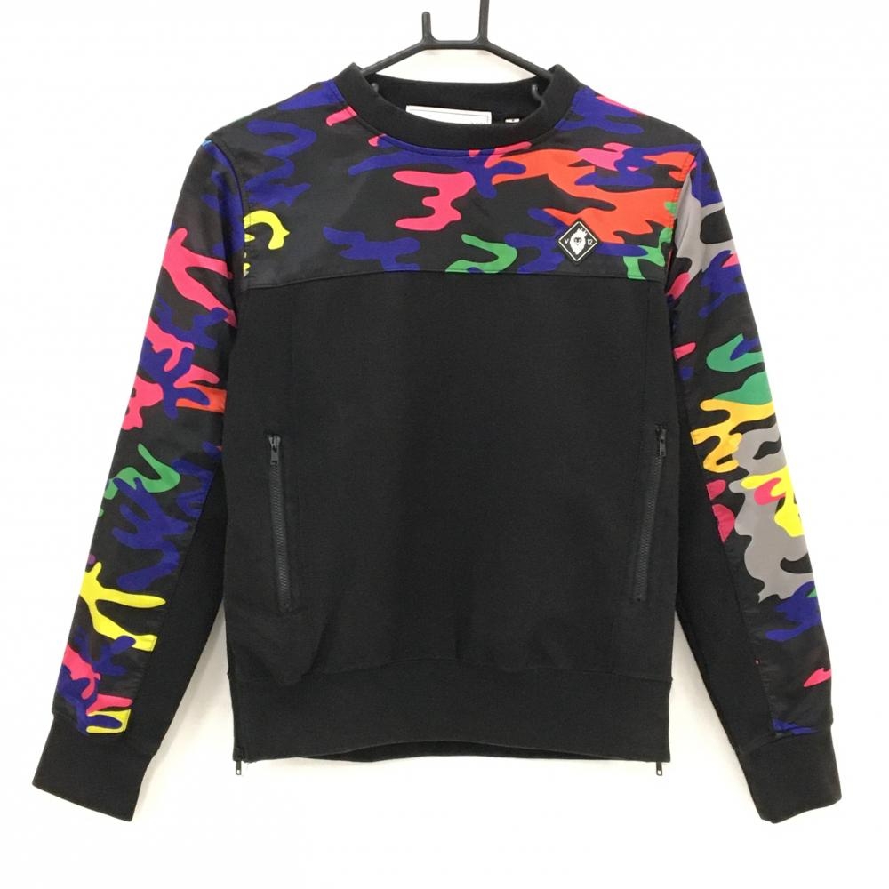 【美品】V12 トレーナー 黒×マルチカラー 一部カモフラ柄 迷彩 裾サイドジップ レディース 1(M) ゴルフウェア V12