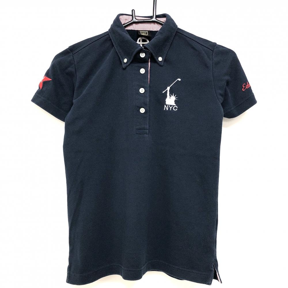 エドウィンゴルフ 半袖ポロシャツ ネイビー ボタンダウン 袖ロゴ刺しゅう レディース SMALL ゴルフウェア EDWIN GOLF