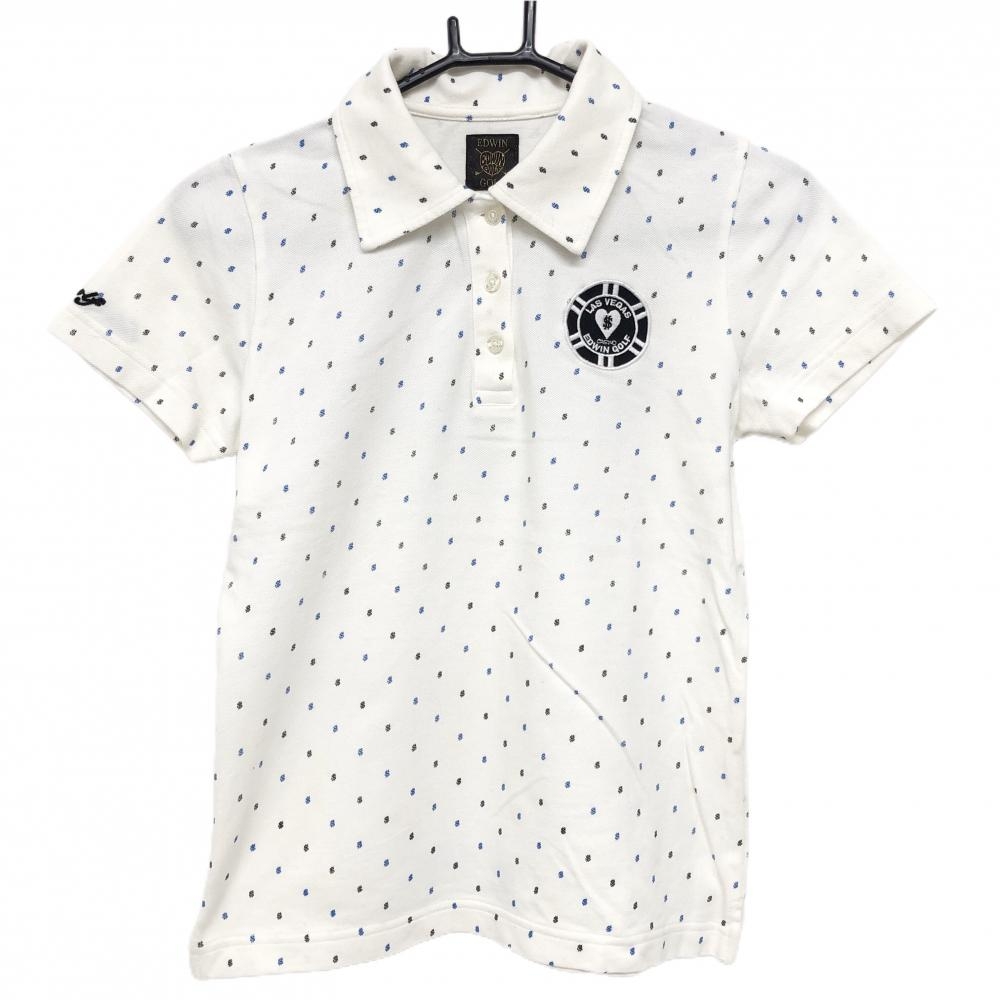 【美品】エドウィンゴルフ 半袖ポロシャツ 白×ブルー×黒 総柄 レディース S ゴルフウェア EDWIN GOLF