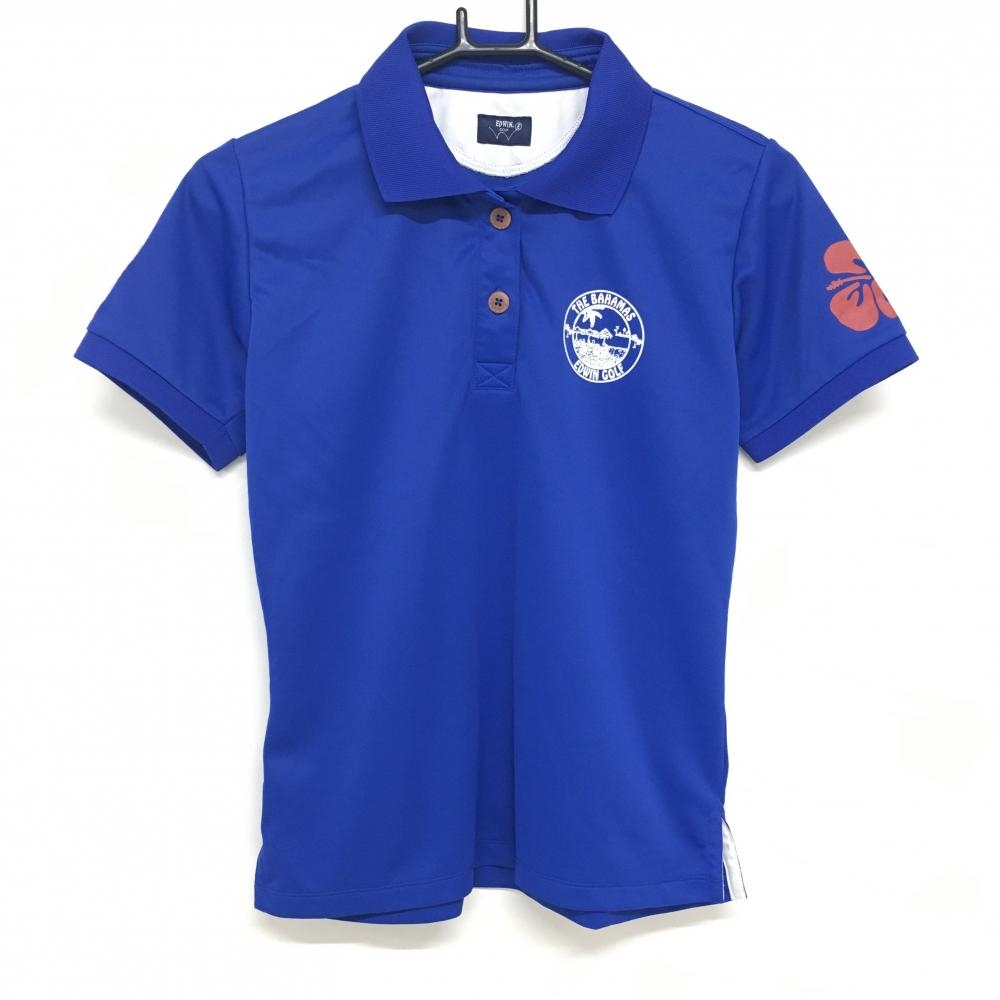 【美品】エドウィン 半袖ポロシャツ ブルー 後ビッグロゴ レディース M ゴルフウェア EDWIN GOLF