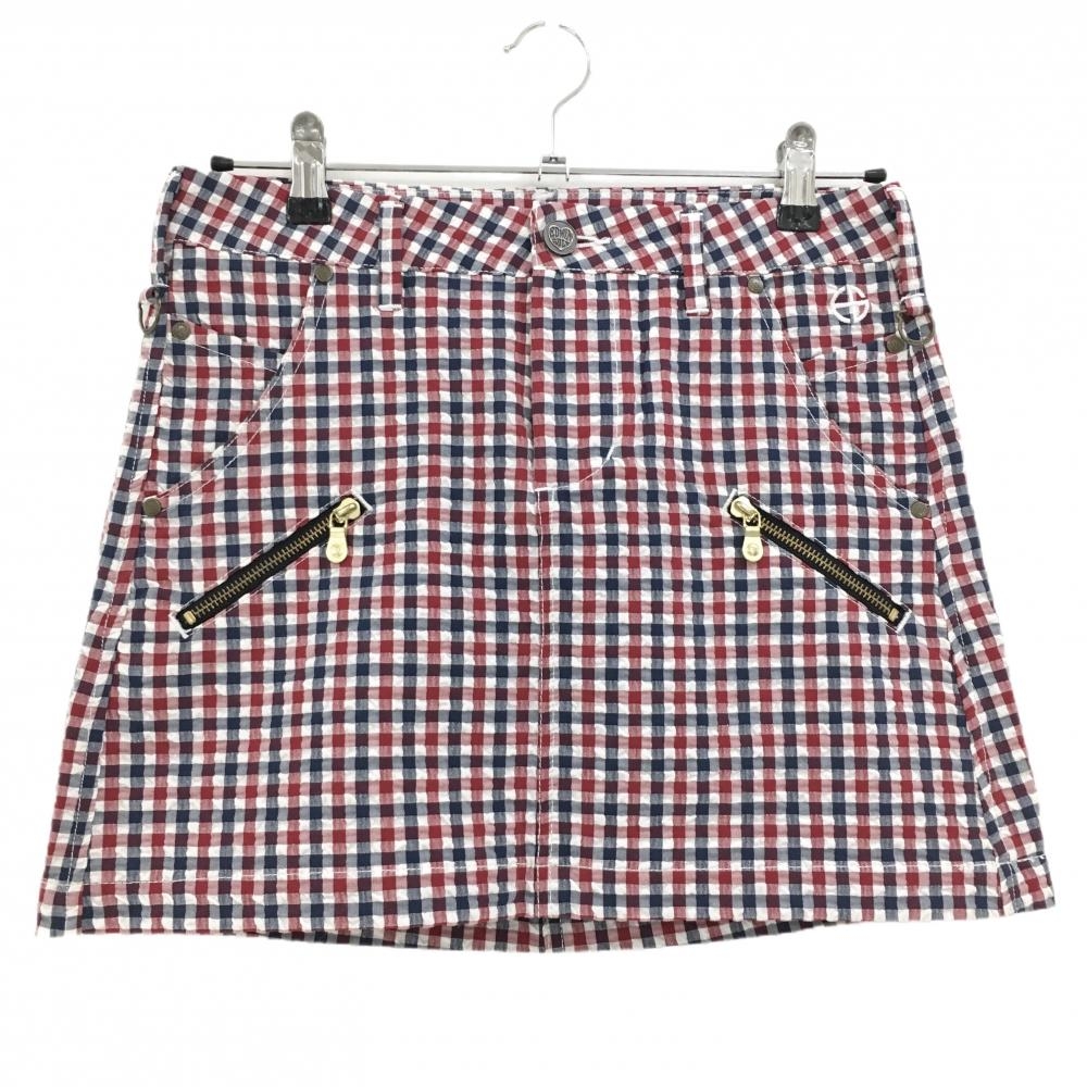 【超美品】エドウィンゴルフ スカート レッド×ネイビー×白 チェック サッカー生地 レディース M ゴルフウェア EDWIN GOLF