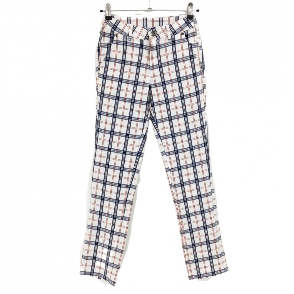 【超美品】エドウィン パンツ 白×ネイビー チェック柄 微起毛 ストレッチ  レディース SS ゴルフウェア EDWIN GOLF