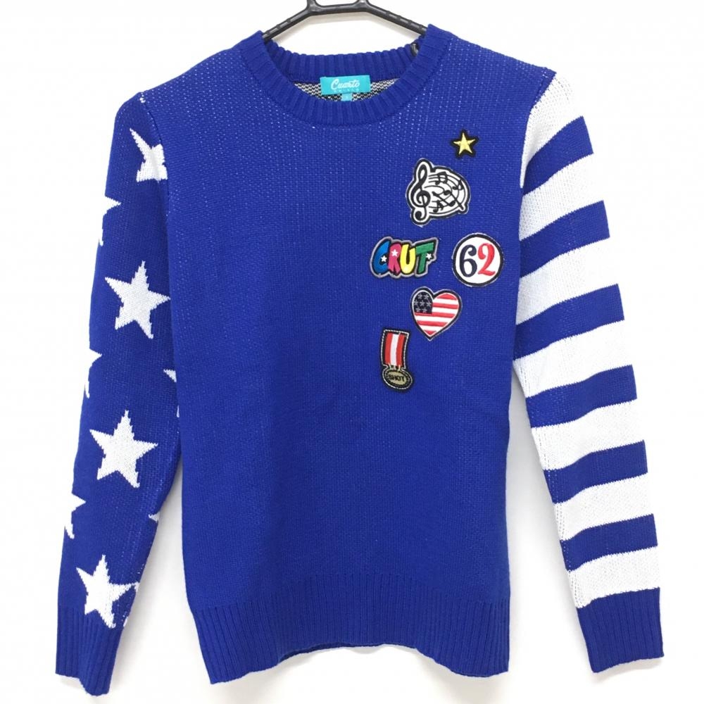 クアルトユナイテッド セーター ブルー×白 袖ボーダー・星柄 胸ワッペン レディース S ゴルフウェア CUARTO UNITED