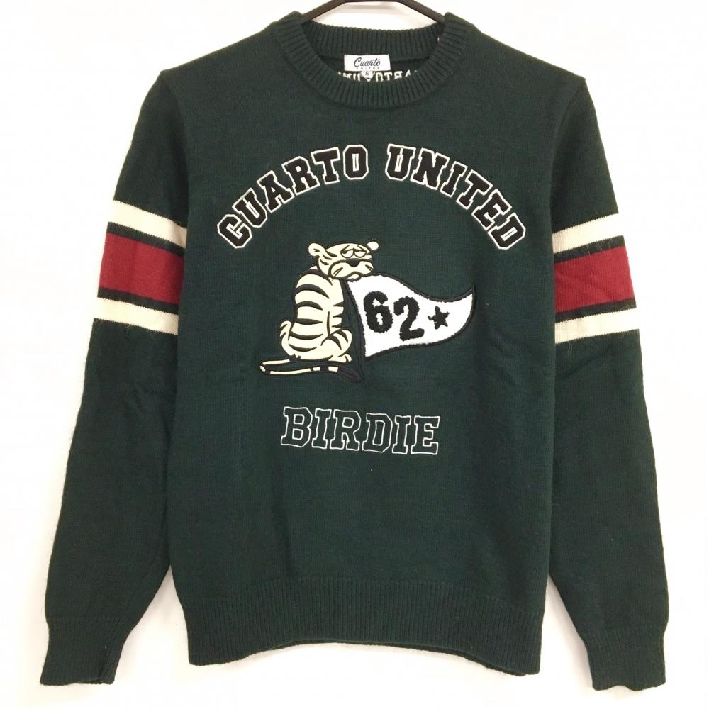 【美品】クアルトユナイテッド セーター グリーン×白 フロントロゴ タイガー 袖ライン ウール混 レディース S ゴルフウェア CUARTO UNITED