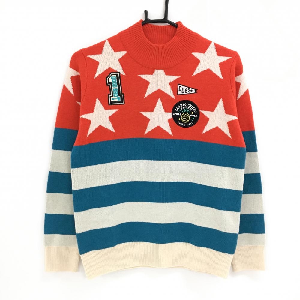 【超美品】クアルトユナイテッド ハイネックセーター レッド×白×ライトブルー系 星柄  レディース S ゴルフウェア CUARTO UNITED