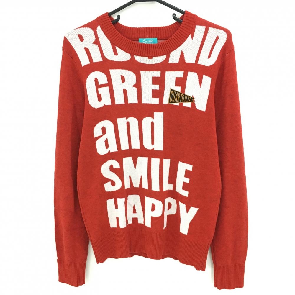 【超美品】クアルトユナイテッド セーター レッド×白 フロント英字ロゴ ウール混 ニット レディース M ゴルフウェア CUARTO UNITED