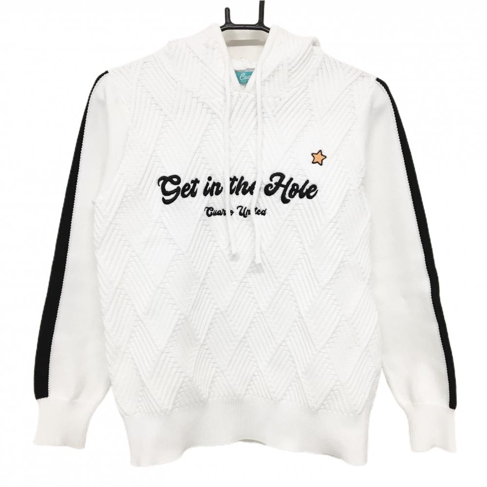 【超美品】クアルトユナイテッド ニットパーカー 白 身頃ダイヤ柄編み 袖ライン セーター  レディース M ゴルフウェア CUARTO UNITED