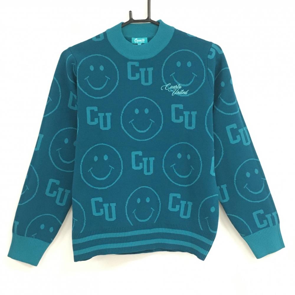 【超美品】クアルトユナイテッド ハイネックセーター グリーン ニコちゃん総柄 ロゴ刺しゅう  レディース L ゴルフウェア CUARTO UNITED