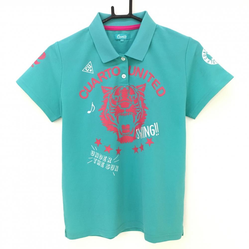 クアルトユナイテッド 半袖ポロシャツ ブルーグリーン×ピンク レディース Ｌ ゴルフウェア CUARTO UNITED 画像