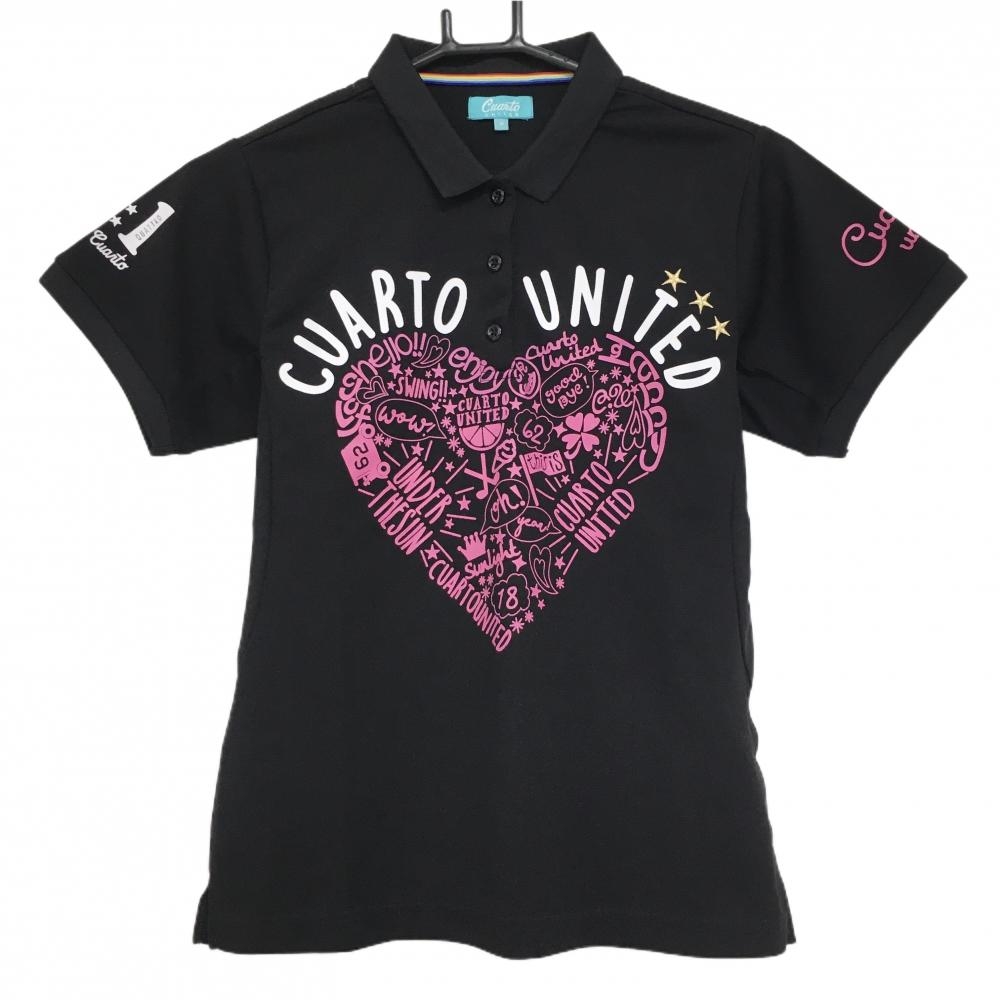 【超美品】クアルトユナイテッド 半袖ポロシャツ 黒×ピンク フロントハート柄  レディース M ゴルフウェア CUARTO UNITED
