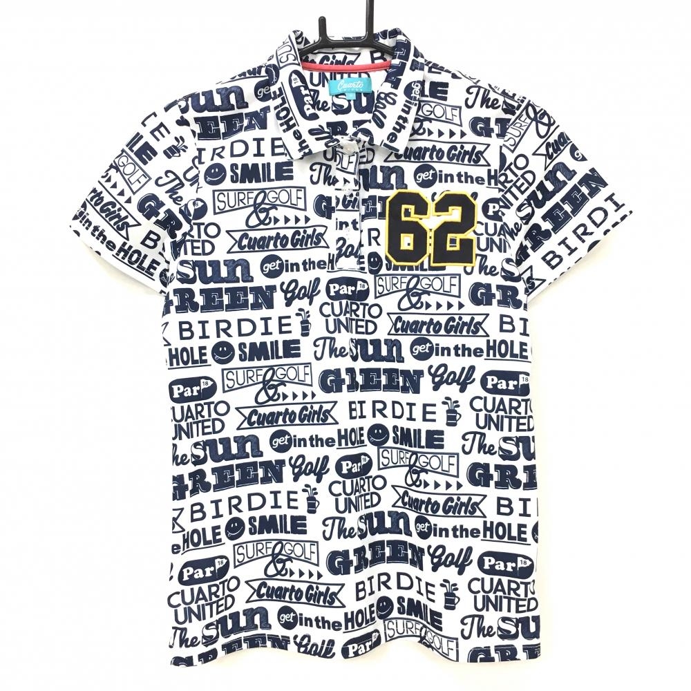 【超美品】クアルトユナイテッド 半袖ポロシャツ 白×ネイビー 英字総柄 ナンバー刺しゅう レディース M ゴルフウェア CUARTO UNITED