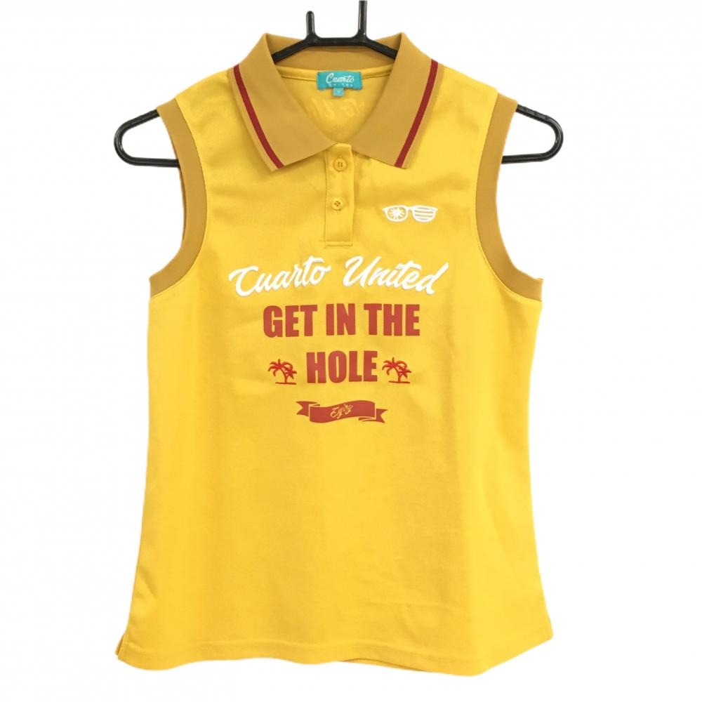 【超美品】クアルトユナイテッド ノースリーブポロシャツ マスタードイエロー×レッド メガネ  レディース M ゴルフウェア CUARTO UNITED