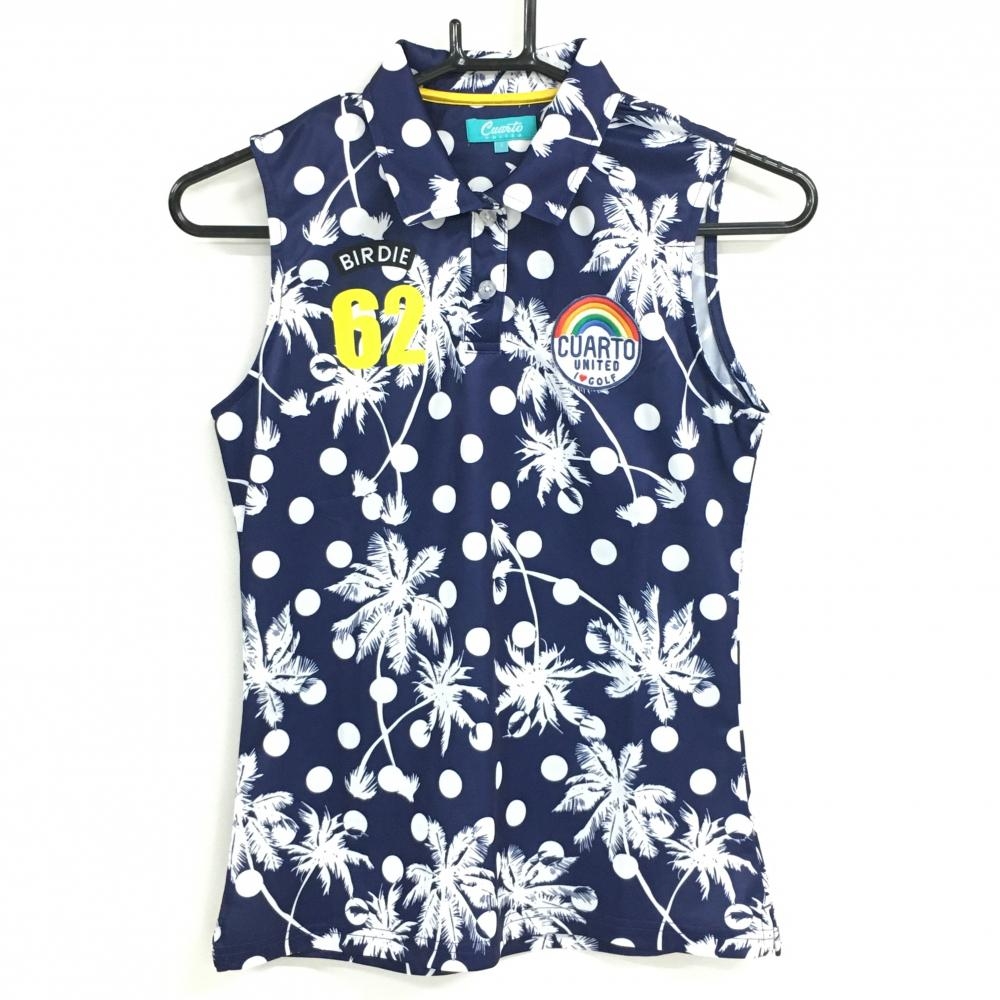 【超美品】クアルトユナイテッド ノースリーブポロシャツ ネイビー×白 ヤシの木 ドット レディース S ゴルフウェア CUARTO UNITED