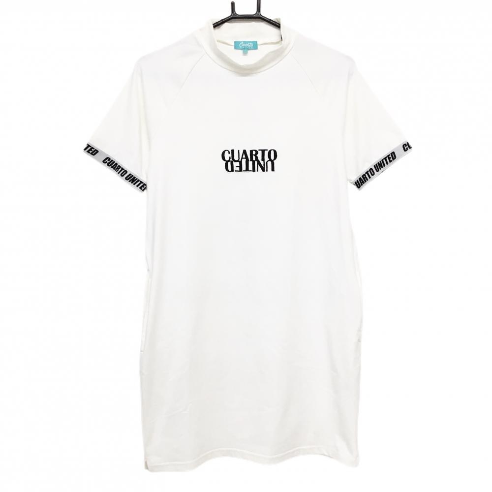 【美品】クアルトユナイテッド 半袖ハイネックワンピース 白 ロゴ黒 ストレッチ レディース S ゴルフウェア CUARTO UNITED