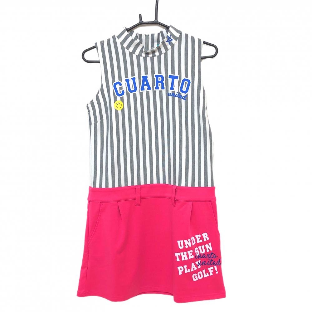 クアルトユナイテッド ノースリーブワンピース 白×グレー×ピンク 上部ストライプ レディース L ゴルフウェア CUARTO UNITED