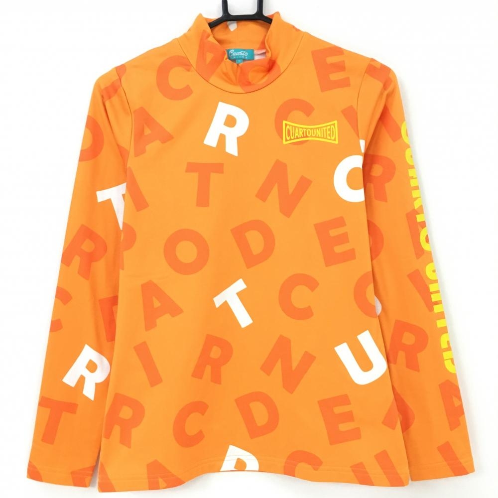 【超美品】クアルトユナイテッド 長袖ハイネックシャツ オレンジ×白 英字総柄 裏微起毛 レディース M ゴルフウェア CUARTO UNITED