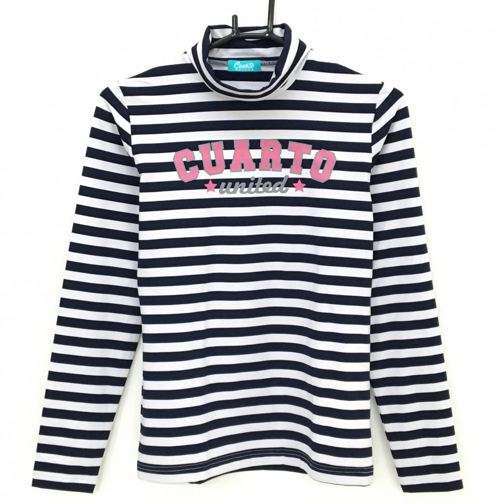 【美品】クアルトユナイテッド 長袖ハイネックシャツ ネイビー×白 ボーダー 裏微起毛 レディース  ゴルフウェア CUARTO UNITED
