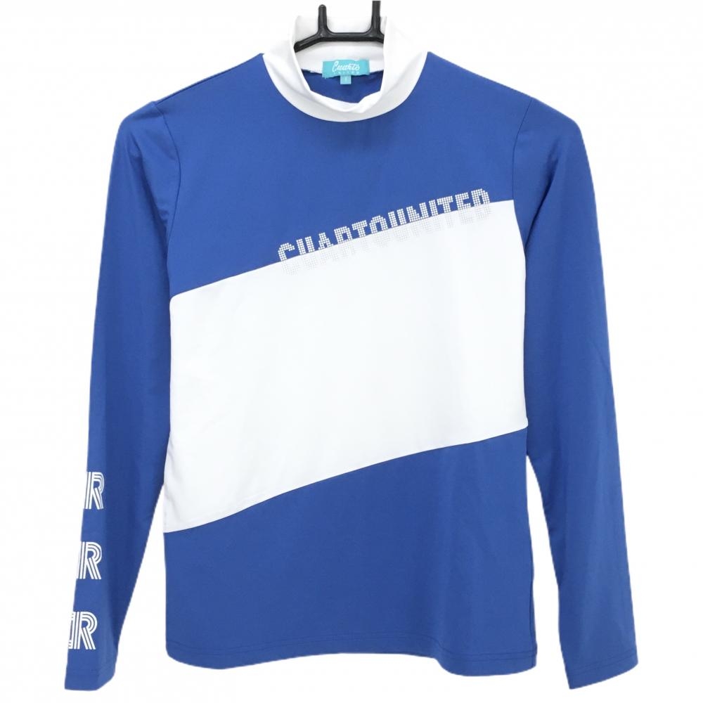 【超美品】クアルトユナイテッド 長袖ハイネックシャツ ブルー×白 フロントロゴ ストレッチ レディース S ゴルフウェア CUARTO UNITED