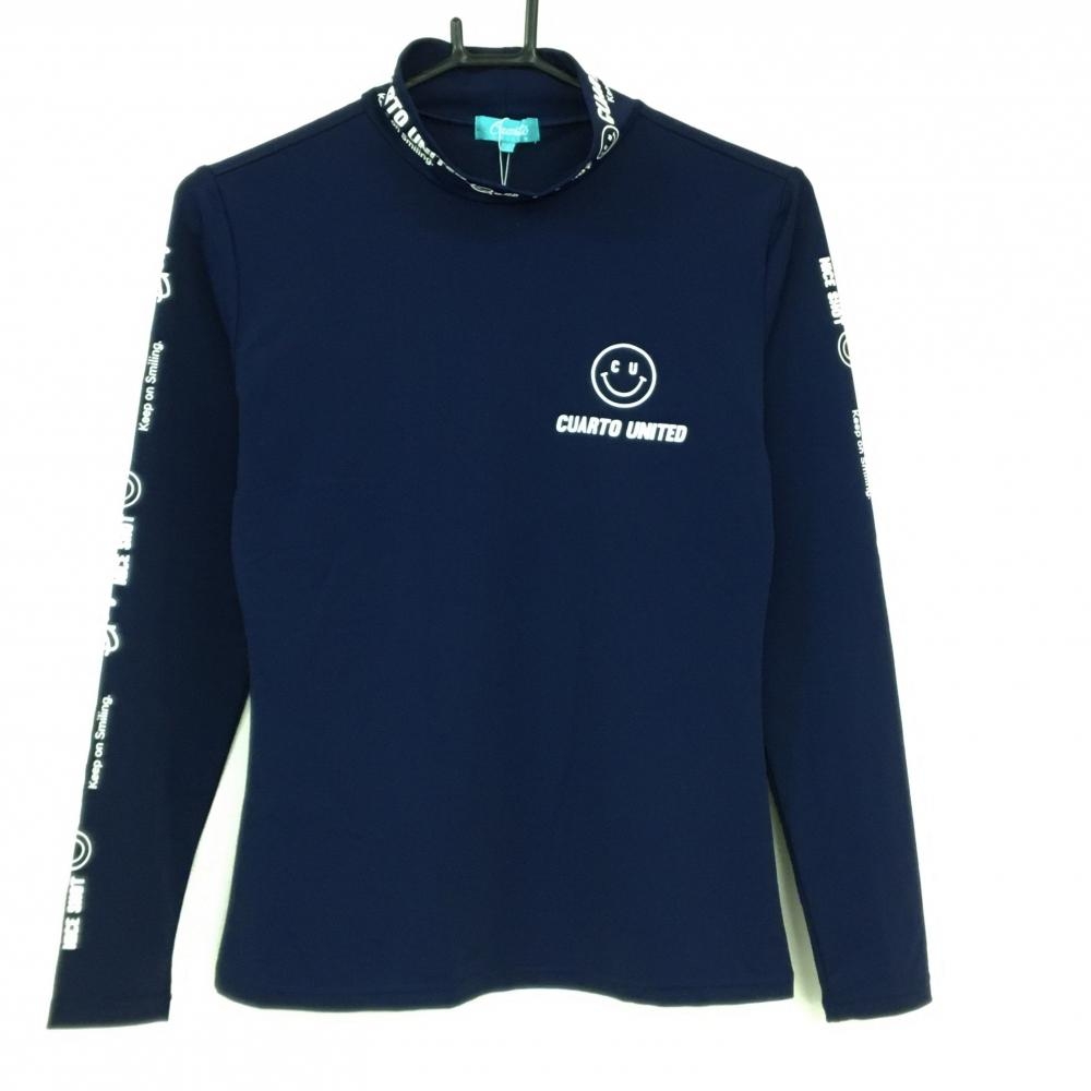 【新品】クアルトユナイテッド 長袖ハイネックシャツ ネイビー×白 ロゴプリント ストレッチ  レディース M ゴルフウェア CUARTO UNITED