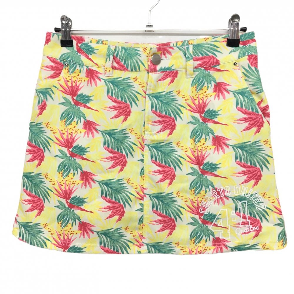 【超美品】クアルトユナイテッド スカート アイボリー×マルチカラー リーフ柄 ロゴプリント レディース L ゴルフウェア CUARTO UNITED